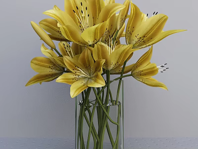 Blooming Yellow Lilies Arrangement in Transparent Glass Vase with Green Stems 3d model