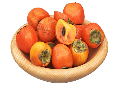 Fresh Ripe Persimmons in Wooden Bowl with Whole and Sliced Flesh and Seeds 3d model