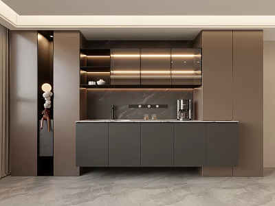 Modern Luxury Gray Sideboard With Marble Countertop LED Strip Lights And Coffee Machine Storage Cabinets 3d model