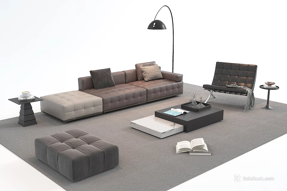 Modern L Shaped Sofa and Coffee Table Set with Accent Chair Floor Lamp and Ottoman 3d model 