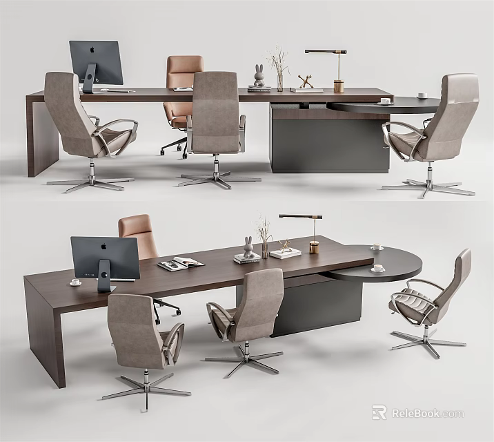 Modern Wooden Office Desk With Ergonomic Chairs Computer Monitor Desk Lamp And Stationery 3d model 