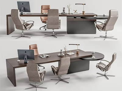 Modern Wooden Office Desk With Ergonomic Chairs Computer Monitor Desk Lamp And Stationery 3d model