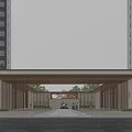 Modern Covered Main Entrance Gate With High Rise Buildings Greenery And Pedestrians