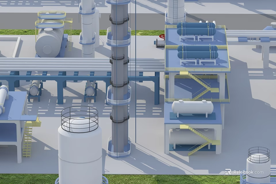 Large Industrial Equipment Setup With Tall Process Towers And Storage Tanks 3d model 