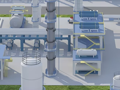 Large Industrial Equipment Setup With Tall Process Towers And Storage Tanks 3d model