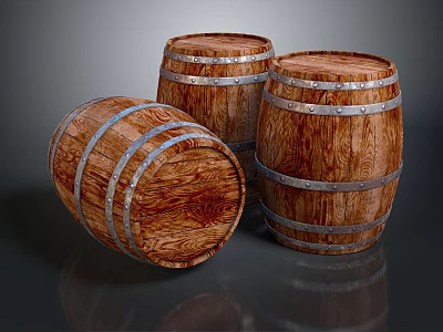 Three Wooden Barrels Standing And Tilted With Metal Hoops And Wood Texture 3d model