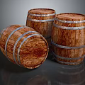 Three Wooden Barrels Standing And Tilted With Metal Hoops And Wood Texture