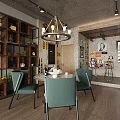 Contemporary Dining Area With Green Chairs Open Shelving Plants Chandelier Brick Wall And Guitar