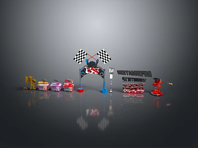 Colorful Toy Racing Cars with Checkered Flags and Starting Gate Play Set 3d model