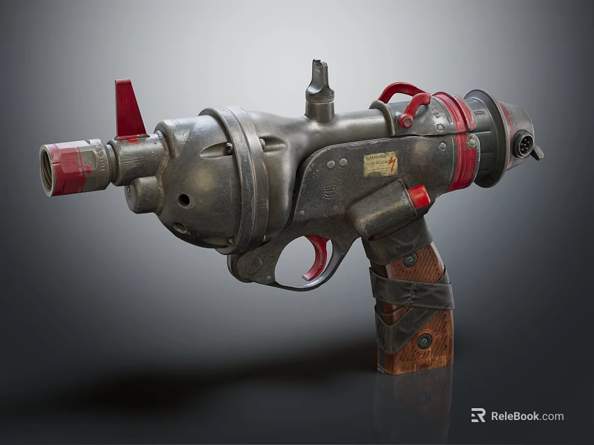 Vintage Style Electronic Device With Metal Parts Wooden Grip Red Accents And Gun Shaped Design 3d model 