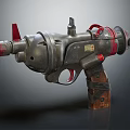 Vintage Style Electronic Device With Metal Parts Wooden Grip Red Accents And Gun Shaped Design