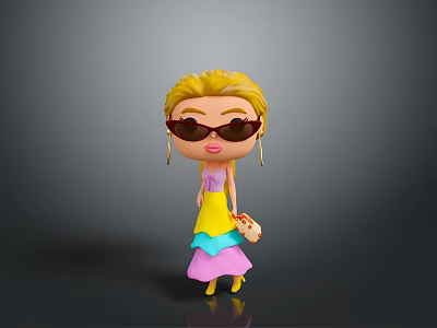 Woman With Blonde Hair Sunglasses Earrings And Colorful Layered Dress Holding Pizza 3d model
