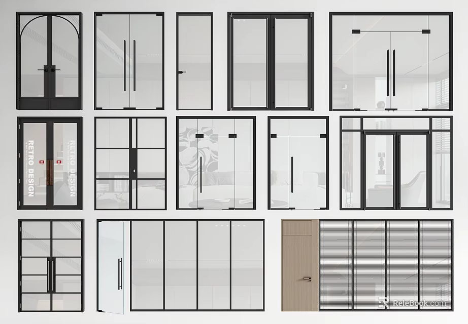 Various Modern Double Doors Designs With Glass Panels And Frame Styles 3d model