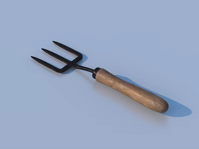 Essential Garden Tool Three Tine Fork With Wooden Handle And Metal Tines 3d model
