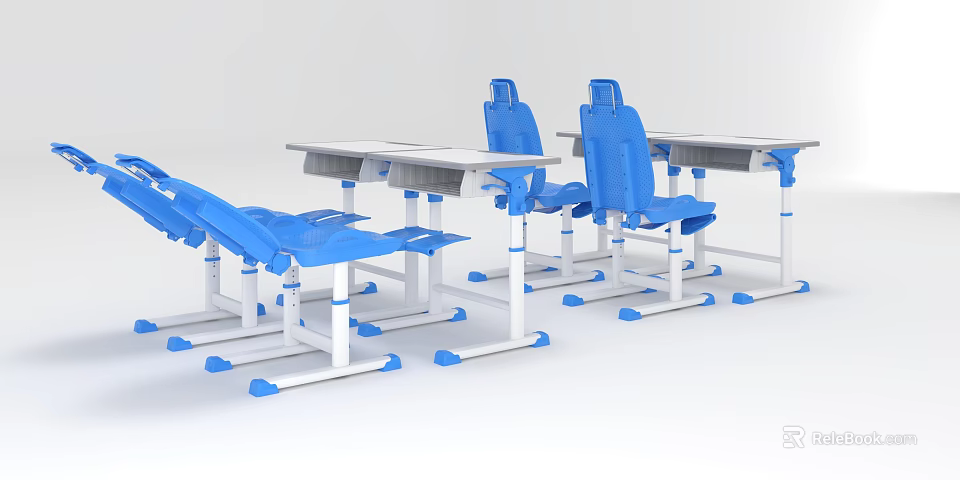 Student Desk And Chair Set With Blue Chairs White Desks And Anti Slip Pads 3d model 