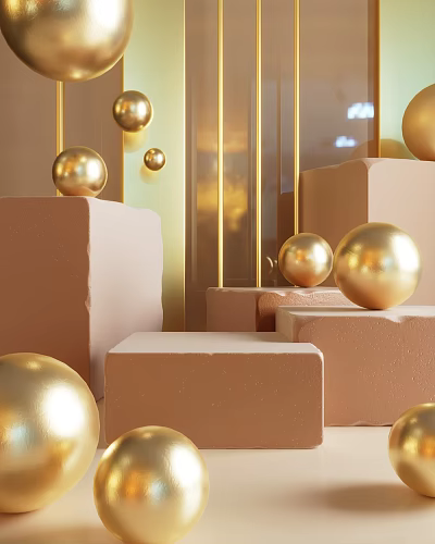 Decorative Golden Spheres On Beige Cube Display Stands For Home Decor 3d model