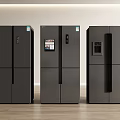 Three Modern Refrigerators With Sleek Black Design And Digital Control Panels On Wooden Floor