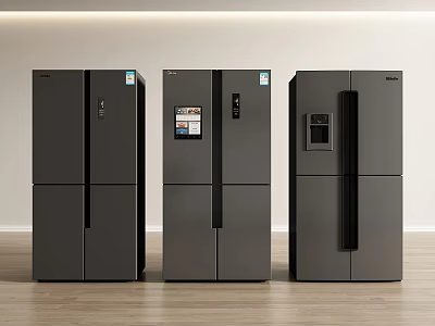 Three Modern Refrigerators With Sleek Black Design And Digital Control Panels On Wooden Floor 3d model