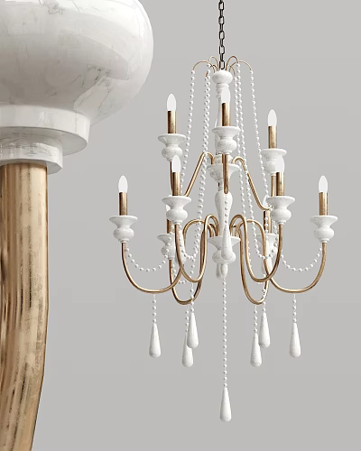 Elegant White Gold Chandelier With Candle Style Bulbs Hanging Beads And Marble Column Accent 3d model