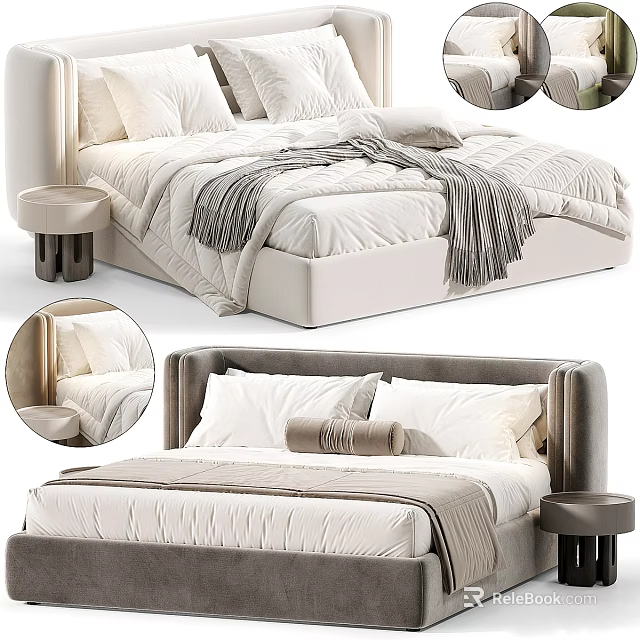 Elegant Modern Double Bed With Beige Headboard Linen Bedding And Nightstand 3d model 