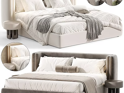Elegant Modern Double Bed With Beige Headboard Linen Bedding And Nightstand 3d model