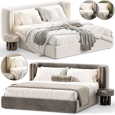 Elegant Modern Double Bed With Beige Headboard Linen Bedding And Nightstand 3d model
