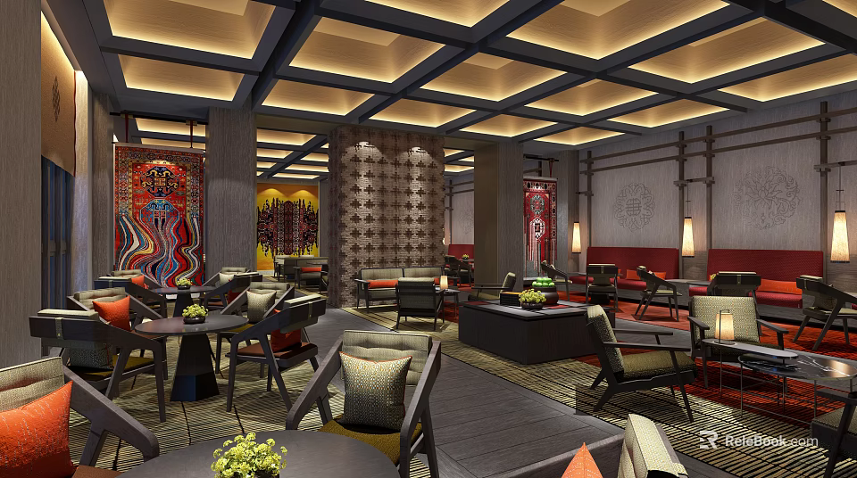 Traditional Chinese Leisure Area Interior With Comfortable Seating Decorative Screens And Ambient Lighting 3d model 