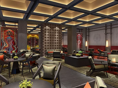 Traditional Chinese Leisure Area Interior With Comfortable Seating Decorative Screens And Ambient Lighting 3d model