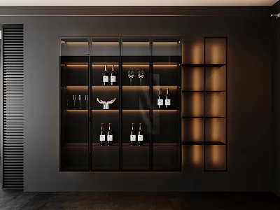 Modern Black Wine Cabinet With Glass Doors Wine Bottles And Built In Lighting 3d model