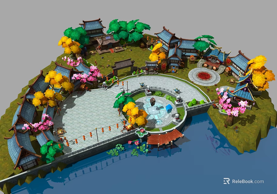 Cartoon Scene of Traditional Chinese Garden Courtyard With Pavilion Circular Square Colorful Trees And Pond 3d model 