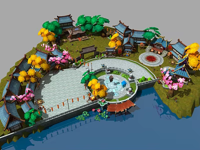 Cartoon Scene of Traditional Chinese Garden Courtyard With Pavilion Circular Square Colorful Trees And Pond 3d model
