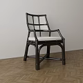 Stylish Dining Chair With Black Frame Grid Backrest And Light Cushion On Herringbone Wooden Floor