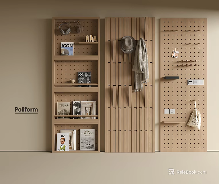 Modern Wooden Wall Decor With Pegboard Hooks Shelves Hanging Hat Bag Books And Decorative Items 3d model 