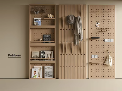 Modern Wooden Wall Decor With Pegboard Hooks Shelves Hanging Hat Bag Books And Decorative Items 3d model