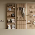 Modern Wooden Wall Decor With Pegboard Hooks Shelves Hanging Hat Bag Books And Decorative Items
