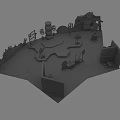 Miniature Scene Model With Tower Structures Figures Trees Vehicles And Diverse Elements