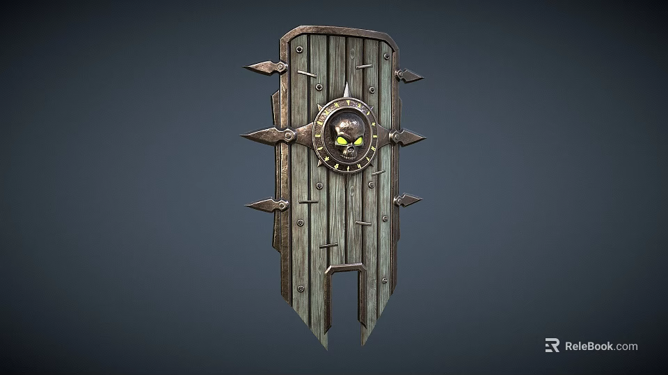 Rustic Wooden Shield with Metal Spikes Skull Head and Yellow Eyes Weapon Design 3d model 