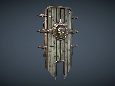 Rustic Wooden Shield with Metal Spikes Skull Head and Yellow Eyes Weapon Design 3d model