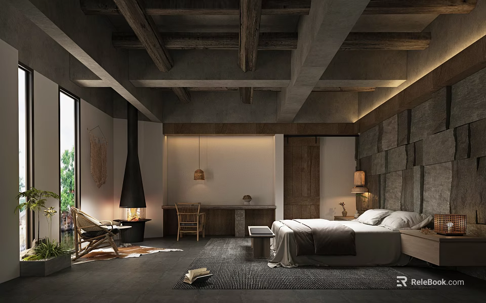Rustic Modern Hotel Room With Exposed Wooden Beams Concrete Ceiling And Stone Accent Wall 3d model 