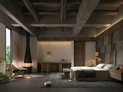 Rustic Modern Hotel Room With Exposed Wooden Beams Concrete Ceiling And Stone Accent Wall 3d model