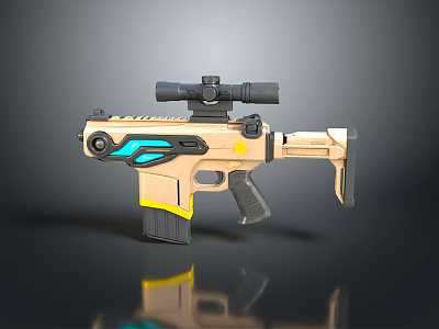 3D Rendered Gun with Golden Body Blue Accents Tactical Scope and Modern Futuristic Design 3d model