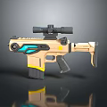 3D Rendered Gun with Golden Body Blue Accents Tactical Scope and Modern Futuristic Design