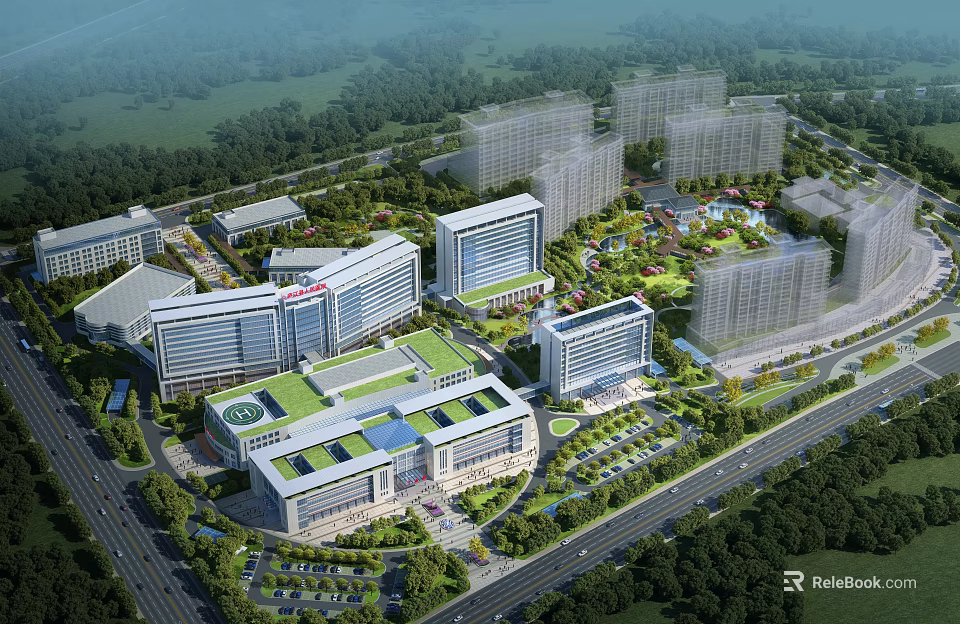 Modern Urban Architecture Complex with Green Roofs Lush Trees Parks Roads and Parking Areas 3d model 
