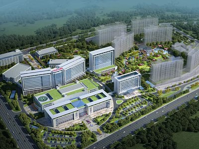 Modern Urban Architecture Complex with Green Roofs Lush Trees Parks Roads and Parking Areas 3d model