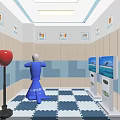 Interactive Room With Blue Mannequin Red Punching Bag Screens Checkered Floor Mat And Wall Art