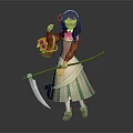 Floral Haired Female Character With Sunflowers Holding Scythe And Flower Basket Wearing Green White Dress