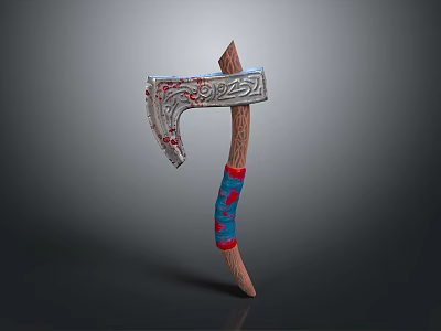 Decorative Axe Featuring Intricate Metal Blade And Wooden Handle With Red Blue Accents 3d model
