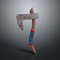 Decorative Axe Featuring Intricate Metal Blade And Wooden Handle With Red Blue Accents
