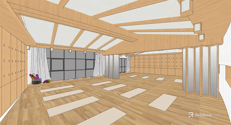 Bright Fitness Studio With Wooden Ceiling And Floors Large Windows Lockers And Yoga Mats 3d model 