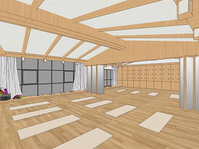 Bright Fitness Studio With Wooden Ceiling And Floors Large Windows Lockers And Yoga Mats 3d model